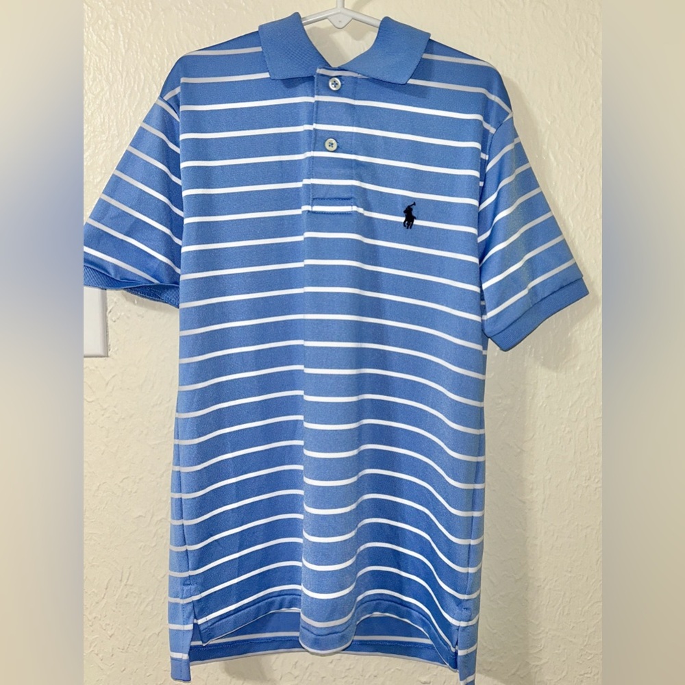 Boys by Ralph Lauren Blue and White Striped Performance Polo Shirt. Size 8